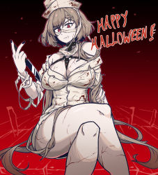 Rule 34 | 1girl, absurdres, bandages, bare shoulders, black nails, blonde hair, blood, blood on clothes, blood on face, braid, breasts, cleavage, closed mouth, crossed legs, dinoyhs, feet out of frame, girls&#039; frontline, halloween, happy halloween, hat, highres, holding, holding knife, knife, kord (girls&#039; frontline), long hair, looking at viewer, medium breasts, nail polish, nurse, nurse cap, off shoulder, red eyes, simple background, sitting, solo, thighs, white hat