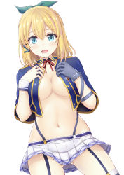 Rule 34 | 10s, 1girl, absurdres, blonde hair, blue eyes, blue gloves, blush, bow, breasts, cleavage, commentary request, dutch angle, garter straps, gloves, gluteal fold, groin, hair between eyes, hair bow, hands on own chest, highres, inanaki shiki, looking at viewer, medium breasts, navel, no bra, open clothes, open mouth, open shirt, raised eyebrows, rokudenashi majutsu koushi to akashic record, rumia tingel, school uniform, shirt, short hair, single glove, skirt, stomach, thighhighs, thighs, underboob, white background