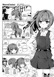 Rule 34 | +++, 10s, 1boy, 2girls, ^ ^, admiral (kancolle), arm at side, artist name, bare arms, belt, blush, buckle, buttons, closed eyes, closed mouth, collared shirt, comic, commentary, covering own mouth, dress, dress shirt, english text, floral background, gloves, greyscale, hair ribbon, hand on own hip, headpat, highres, hug, indoors, kantai collection, kasumi (kancolle), laughing, long hair, long sleeves, looking at another, looking back, monochrome, motion lines, multiple girls, open mouth, pinafore dress, ponytail, remodel (kantai collection), ribbon, school uniform, serafuku, sheita, shirt, shouting, side ponytail, sidelocks, single thighhigh, sleeveless, sleeveless dress, sleeveless shirt, speech bubble, standing, surprised, suspenders, talking, thighhighs, white shirt, window, yahagi (kancolle)
