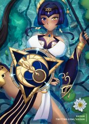 Rule 34 | 1girl, bare shoulders, blue eyes, blue hair, blush, bracer, breasts, brooch, candace (genshin impact), cleavage, collarbone, crop top, dark-skinned female, dark skin, diadem, egyptian, egyptian clothes, elbow gloves, expressionless, eye of horus, flower, foot out of frame, genshin impact, gloves, gold trim, hair intakes, hair ornament, hair over shoulder, hairband, halterneck, headwear request, heterochromia, highres, holding, holding polearm, holding shield, holding weapon, in water, jewelry, lance, large breasts, leaf, lily pad, lotus, lotus leaf, lying, nail polish, neck ring, outdoors, parted lips, partially submerged, pelvic curtain, plant, polearm, purple hair, shield, shirt, short hair, sidelocks, skirt, solo, spread legs, sweat, thighlet, thighs, traditional clothes, tree, twitter username, vegetation, water, weapon, wet, white flower, xkzan, yellow eyes