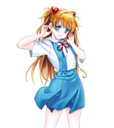 Rule 34 | 1girl, adjusting hair, arms up, blouse, blue dress, blue eyes, blue skirt, blush, breasts, collar, collared shirt, dress, hair between eyes, hair ornament, hairclip, lips, long hair, looking at viewer, melsocoon, neck ribbon, neckwear request, neon genesis evangelion, red ribbon, ribbon, school uniform, shirt, short sleeves, simple background, skirt, small breasts, solo, souryuu asuka langley, standing, tokyo-3 middle school uniform, two side up, uniform, white background, white shirt