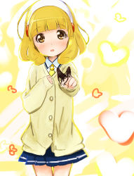 Rule 34 | 10s, 1girl, abe kanari, bad id, bad pixiv id, blonde hair, blush, cardigan, chocolate, eyelashes, hairband, heart, heart background, highres, kise yayoi, looking at viewer, necktie, open mouth, precure, school uniform, short hair, smile, smile precure!, solo, v, white hairband, yellow eyes