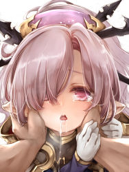 Rule 34 | 10s, 1girl, drooling, eyes visible through hair, gloves, granblue fantasy, hair ornament, hair over one eye, hair stick, hands on another&#039;s face, harvin, harvin, highres, karu a miruku, long hair, looking at viewer, niyon (granblue fantasy), pink eyes, purple hair, saliva, solo focus, tears, white gloves