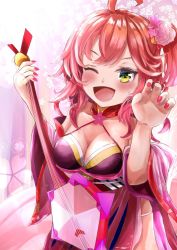 Rule 34 | 1girl, ;d, ahoge, alternate costume, blush, breasts, cleavage, derk maxx, flower, green eyes, hair flower, hair ornament, hololive, medium breasts, nail polish, one eye closed, open mouth, paw pose, pink hair, pink nails, sakura miko, smile, solo, virtual youtuber