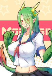 Rule 34 | 1girl, breasts, crop top, dragon girl, dragon horns, dragon tail, dream demon, covered erect nipples, green hair, horns, huge breasts, large breasts, long hair, midriff, mole, mole under mouth, monster girl, navel, necktie, original, pleated skirt, pointy ears, red eyes, scales, school uniform, serafuku, shirt, skirt, smile, solo, star (symbol), tail, uniform