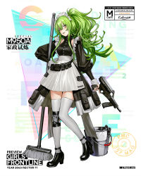 Rule 34 | 1girl, :d, apron, black footwear, blush, breasts, bucket, calico light weapons systems, calico m950, calico m950a, character name, cheek pistol, clothes writing, clothing cutout, collarbone, double-stack magazine, dress, frills, full body, girls&#039; frontline, green hair, grey thighhighs, gun, hair between eyes, hand on own hip, handgun, head tilt, helical magazine, high-capacity magazine, high heels, holding, holding gun, holding weapon, knee pads, long hair, looking at viewer, m950a (girls&#039; frontline), m950a (home ec training) (girls&#039; frontline), machine pistol, maid, medium breasts, mop, official alternate costume, official art, open mouth, pistol, pouch, puffy sleeves, shoulder cutout, sidelocks, single knee pad, skirt, smile, solo, standing, standing on one leg, stubby grip, thighhighs, trigger discipline, twintails, vertical forward grip, wavy hair, weapon, yellow eyes, zagala
