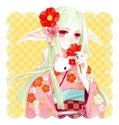 Rule 34 | 1girl, bad id, bad pixiv id, blush, character request, checkered background, floral print, flower, green hair, hair flower, hair ornament, head tilt, head wings, japanese clothes, long hair, looking at viewer, original, pink eyes, raven (ambrosia), simple background, solo, upper body, wings