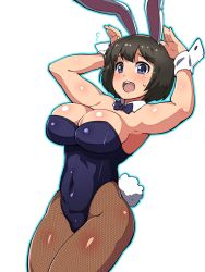 Rule 34 | 1girl, :d, animal ears, bad id, bad twitter id, blue bow, blue bowtie, blue leotard, blue outline, body blush, bow, bowtie, breasts, brown hair, brown pantyhose, commentary request, covered navel, cowboy shot, detached collar, fake animal ears, fishnet pantyhose, fishnets, flying sweatdrops, fukurou (owl222), hands up, highres, inactive account, large breasts, legs together, leotard, looking at viewer, open mouth, original, outline, pantyhose, playboy bunny, rabbit ears, rabbit tail, short hair, smile, solo, standing, sweatdrop, tail, wing collar, wrist cuffs