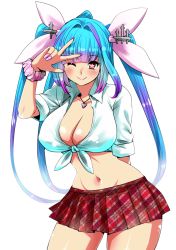 Rule 34 | 10s, 1girl, alternate costume, arm behind back, blue hair, blunt bangs, breasts, cleavage, female focus, fingernails, front-tie top, groin, hair ribbon, i-19 (kancolle), kantai collection, large breasts, long fingernails, long hair, looking at viewer, midriff, miniskirt, nail polish, navel, perepere-kun, plaid, plaid skirt, red eyes, red skirt, ribbon, shiny skin, shirt, simple background, skirt, skirt set, smile, solo, star-shaped pupils, star (symbol), symbol-shaped pupils, tied shirt, tri tails, v over eye