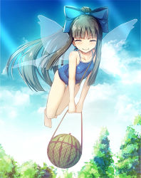 Rule 34 | 1girl, ^ ^, alternate hairstyle, bare arms, bare legs, bare shoulders, barefoot, black hair, blue bow, blue one-piece swimsuit, blue sky, blush, bow, breasts, chima q, closed eyes, collarbone, commentary request, competition swimsuit, day, facing viewer, fairy wings, flying, food, fruit, full body, hair bow, holding, light rays, long hair, net, one-piece swimsuit, outdoors, ponytail, sky, small breasts, smile, solo, star sapphire, swimsuit, thigh gap, thighs, touhou, tree, v arms, very long hair, watermelon, wings