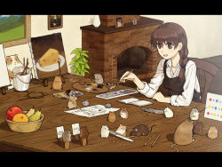 Rule 34 | 1girl, apple, art brush, basket, braid, brown eyes, brown hair, bucket, canvas (object), cheese, commentary, cork, easel, feathers, food, fruit, knife, long hair, mouse (animal), oekaki musume, orange (fruit), original, paint, paintbrush, palette (object), pear, pencil, pun, sleeves rolled up, solo, urue