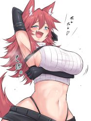 Rule 34 | 1girl, :d, animal ear fluff, animal ears, arm over head, arm up, armpits, black gloves, black legwear, black panties, black shorts, blue eyes, blush, breast lift, breasts, commentary request, crop top, elbow gloves, fang, firo (shun soku), gloves, hair between eyes, hand on own hip, heart, highleg, highleg panties, highres, large breasts, long hair, micro shorts, midriff, navel, one eye closed, open mouth, original, panties, red hair, ribbed shirt, shirt, shorts, shun soku, sideboob, sleeveless, sleeveless shirt, smile, solo, tail, taut clothes, translation request, underwear, wide hips, wolf ears, wolf tail
