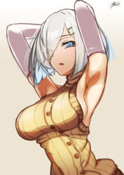 Rule 34 | 1girl, alternate costume, armpits, arms behind head, ayuman, blue eyes, breasts, brown background, brown sweater, buttons, commentary request, elbow gloves, gloves, gradient background, hair ornament, hair over one eye, hairclip, hamakaze (kancolle), kantai collection, large breasts, looking at viewer, presenting armpit, ribbed sweater, short hair, simple background, sleeveless, sleeveless sweater, solo, sweater, upper body, white gloves, white hair