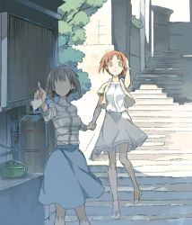 Rule 34 | 10s, 2girls, blue skirt, building, casual, commentary request, cosmic (crownclowncosmic), day, faceless, faceless female, girls und panzer, grey shirt, hand on head, high heels, holding, holding hands, jacket, long sleeves, looking at viewer, medium skirt, multiple girls, nishizumi maho, nishizumi miho, open mouth, outdoors, pointing, shadow, shirt, short hair, siblings, sisters, skirt, stairs, standing, striped clothes, striped shirt, tree, white footwear, white shirt, white skirt, wristband, yellow jacket