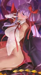Rule 34 | 1girl, absurdres, bare shoulders, bb (fate), bb (fate) (all), bb (swimsuit mooncancer) (fate), bb (swimsuit mooncancer) (third ascension) (fate), black coat, blush, breasts, coat, covered erect nipples, covered navel, fate/grand order, fate (series), gloves, hair between eyes, high heels, highres, hip focus, large breasts, leotard, licking lips, long hair, looking at viewer, open clothes, open coat, popped collar, purple eyes, purple hair, purple ribbon, red footwear, ribbon, seiza, sitting, solo, tan, tentacles, thighs, tongue, tongue out, vampire costume, very long hair, white gloves, white leotard, wide sleeves, yd (orange maru)