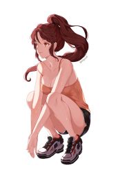 Rule 34 | 1girl, bad id, bad pixiv id, bare arms, bare legs, bare shoulders, black shorts, breasts, brown hair, camisole, cleavage, collarbone, cross-laced footwear, earrings, emyo, full body, jewelry, large breasts, long hair, looking away, orange eyes, original, own hands together, ponytail, shade, shoes, shorts, simple background, skindentation, sneakers, solo, squatting, strap slip, stud earrings, sweat, twitter username, white background