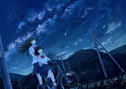 Rule 34 | 2girls, :d, bicycle, black footwear, black hair, blue skirt, brown hair, bug, cloud, collared shirt, commentary request, firefly, highres, insect, long hair, milky way, multiple girls, multiple riders, night, night sky, open mouth, original, outdoors, riding, riding bicycle, scenery, school uniform, shirt, shooting star, short hair, shurock, skirt, sky, smile, star (sky), star trail, starry sky, white shirt