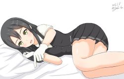 Rule 34 | 10s, 1girl, black hair, black skirt, dated, eyebrows, gloves, hair ornament, hairclip, kantai collection, linfa (futari midara), long hair, lying, on side, open mouth, oyashio (kancolle), pleated skirt, shirt, simple background, skirt, solo, twitter username, vest, white background, white gloves, yellow eyes