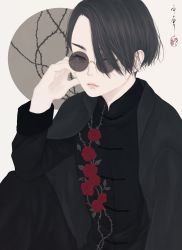 Rule 34 | 1boy, bishounen, black coat, black hair, black jacket, black pants, chinese clothes, circle, closed mouth, coat, coat on shoulders, commentary request, floral print, flower, grey eyes, hair over one eye, hand on own face, hand up, highres, jacket, long sleeves, looking at viewer, male focus, one eye covered, original, pants, red flower, red rose, rose, rose print, round eyewear, seal impression, short hair, signature, sitting, solo, straight hair, sunglasses, tangzhuang, thorns, ushiyama ame, white background