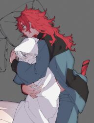 Rule 34 | 2girls, asticassia school uniform, bare legs, bed sheet, closed mouth, grey background, gundam, gundam suisei no majo, hair down, highres, hug, hug from behind, long hair, long sleeves, lying, messy hair, miorine rembran, multiple girls, pillow, red hair, school uniform, size difference, suletta mercury, white hair, wide sleeves, wrapped up, zhuotian