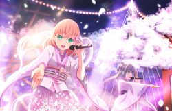 Rule 34 | 2girls, :d, aqua eyes, cherry blossoms, crossed bangs, falling petals, floral print kimono, flower, game cg, green eyes, hair bun, hair flower, hair ornament, highres, hinoshita kaho, holding, holding microphone, japanese clothes, kimono, lens flare, lens flare abuse, link! like! love live!, long hair, looking at viewer, love live!, medium hair, microphone, multiple girls, night, night sky, obi, official art, open mouth, orange hair, otomune kozue, ouka ranman (love live!), outstretched arm, petals, pink kimono, pink petals, pink sash, pink skirt, purple hair, sash, side ponytail, sidelocks, single side bun, skirt, sky, smile, solo focus, teeth, third-party source, two side up, upper teeth only, virtual youtuber, wide sleeves