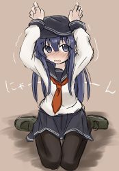 Rule 34 | 10s, 1girl, akatsuki (kancolle), arms up, blush, commentary request, full-face blush, kantai collection, long hair, looking at viewer, neckerchief, open mouth, pantyhose, purple eyes, purple hair, red neckerchief, school uniform, serafuku, simple background, sitting, skirt, solo, translation request, trembling, usui harusame, wariza
