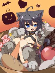 Rule 34 | 1girl, 1up (solid2), ahoge, animal ears, animal hands, apple, basket, belt collar, blue eyes, bread, breasts, candy, cat ears, cat tail, chocolate, chocolate bar, collar, criss-cross halter, food, fruit, full body, gloves, half-closed eye, halloween, halterneck, knees together feet apart, lying, nanashi (1up (solid2)), on back, orange background, original, paw gloves, small breasts, solo, tail