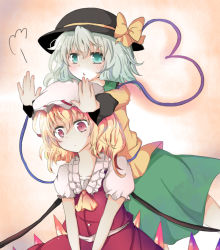 Rule 34 | 2girls, aqua hair, ascot, bad id, bad pixiv id, blonde hair, blouse, collarbone, facing away, female focus, flandre scarlet, green eyes, green hair, hat, hat ribbon, heart, heart of string, komeiji koishi, long sleeves, mob cap, multiple girls, outstretched arms, pink background, puffy short sleeves, puffy sleeves, red eyes, ribbon, shironeko (dondonmi), shironeko (pixiv 1360610), shirt, short hair, short sleeves, side ponytail, skirt, skirt set, surprised, touhou, v arms, wings