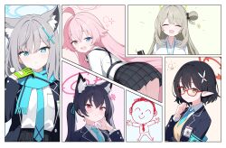 Rule 34 | 1boy, 5girls, absurdres, ahoge, animal ear fluff, animal ears, ayane (blue archive), black hair, black jacket, black skirt, blazer, blue archive, blue eyes, blue halo, blue necktie, blue scarf, blush, breasts, cat ears, closed eyes, closed mouth, collared shirt, cross hair ornament, doodle sensei (blue archive), extra ears, fang, fox ears, glasses, gloves, green gloves, green halo, grey hair, hair ornament, halo, heterochromia, highres, hoshino (blue archive), jacket, jyt, large breasts, light brown hair, long hair, looking at viewer, medium hair, mismatched pupils, multiple girls, necktie, nonomi (blue archive), open mouth, parted lips, pink hair, pink halo, pleated skirt, pointy ears, red-framed eyewear, red eyes, red halo, scarf, sensei (blue archive), serika (blue archive), shiroko (blue archive), shirt, short hair, skin fang, skirt, small breasts, smile, twintails, white shirt, yellow eyes