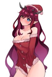Rule 34 | 1girl, bare shoulders, blue eyes, blush, bottomless, breasts, buttons, christmas, cleavage, covering crotch, covering privates, fur trim, hat, heterochromia, highres, hololive, hololive english, horns, irys (hololive), long hair, looking at viewer, medium breasts, pointy ears, pom pom (clothes), purple hair, red eyes, red hat, red shirt, santa costume, santa hat, shirt, shirt tug, sidelocks, solo, vanillatried, very long hair, virtual youtuber, wavy hair