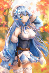 Rule 34 | 1girl, amano kusatsu, artist name, autumn, autumn leaves, belt, beret, blue coat, blue hair, bow, bowtie, braid, breasts, closed mouth, coat, coat lift, dress, flower, hair flower, hair ornament, half updo, hand on own head, hat, highres, hololive, leaf, long hair, looking at viewer, maple leaf, medium breasts, pointy ears, smile, solo, standing, thighhighs, virtual youtuber, white thighhighs, yellow eyes, yukihana lamy