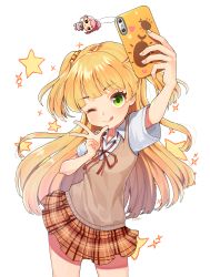 Rule 34 | ;q, beige sweater vest, blonde hair, brown sweater vest, cellphone, charm (object), closed mouth, green eyes, highres, holding, holding phone, idolmaster, idolmaster cinderella girls, idolmaster cinderella girls starlight stage, jougasaki rika, one eye closed, orange skirt, phone, plaid, plaid skirt, red ribbon, ribbon, school uniform, shirt, short sleeves, short twintails, skirt, smile, solo, star (symbol), sweater vest, taemin, taking picture, tongue, tongue out, twintails, white background, white shirt