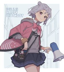 Rule 34 | 1girl, bag, blush, border, bow, bowtie, cellphone, cevio, closed mouth, collared shirt, commentary request, cowboy shot, dated, double bun, floating hair, grey hair, grey hoodie, hair bun, hair ornament, hairclip, hallway, hanten (clothes), happy birthday, highres, holding, holding megaphone, hood, hood down, hoodie, jacket, koharu rikka, looking at viewer, megaphone, minatsuki (m1natsuk1), open clothes, open jacket, outside border, partially colored, phone, pink bow, pink bowtie, pink jacket, pleated skirt, purple eyes, school, school uniform, scissors, shirt, short hair, shoulder bag, skirt, smartphone, smile, solo, synthesizer v, tape, white border, wifi symbol