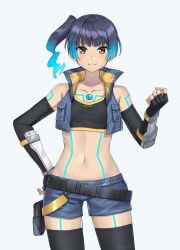 Rule 34 | 1girl, armpit crease, artist name, bare shoulders, belt, black thighhighs, blue hair, blue jacket, blue shorts, brown eyes, chest jewel, closed mouth, collarbone, commentary request, cowboy shot, crop top, cropped jacket, eyelashes, fiery hair, highres, jacket, looking at viewer, medium hair, navel, open clothes, open jacket, pouch, sena (xenoblade), shinae, short shorts, shorts, smile, solo, standing, thighhighs, twitter username, xenoblade chronicles (series), xenoblade chronicles 3, yellow trim