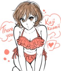 Rule 34 | 1girl, breasts, brown eyes, cleavage, collarbone, commentary, cowboy shot, cup, english commentary, english text, frilled panties, frills, head tilt, heart, highres, ko-fi logo, leaning forward, looking at viewer, medium breasts, meiko (vocaloid), messy hair, mug, navel, panties, pink panties, ryllen, sketch, solo, underwear, vocaloid