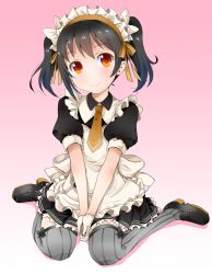 Rule 34 | 10s, 1girl, alternate eye color, bad id, bad pixiv id, blush, gloves, gradient background, grey thighhighs, looking at viewer, love live!, love live! school idol project, maid, maid headdress, orange eyes, pink background, ratryu, short hair, short twintails, sitting, smile, solo, striped clothes, striped thighhighs, thighhighs, twintails, v arms, vertical-striped clothes, vertical-striped thighhighs, wariza, white gloves, yazawa nico