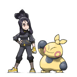 Rule 34 | 1girl, black hair, black pants, blacknirrow, breasts, clenched hand, closed mouth, creatures (company), dendra (pokemon), eyelashes, fingerless gloves, full body, game freak, gen 3 pokemon, gloves, hand on own hip, jacket, legs apart, long hair, makuhita, medium breasts, nintendo, pants, pokemon, pokemon (creature), pokemon sv, red eyes, shoelaces, shoes, simple background, sleeves past elbows, smile, sneakers, standing, track jacket, track pants, white background, yellow footwear, yellow gloves