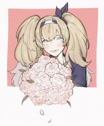 Rule 34 | 1girl, black shirt, blonde hair, blue eyes, bouquet, flower, gambier bay (kancolle), gambier bay mk ii (kancolle), hairband, highres, kantai collection, long hair, looking at viewer, multicolored hairband, shirt, smile, solo, sukekiyo (skky 0), upper body