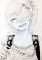 Rule 34 | 1girl, backpack, bag, braces, camisole, child, crime prevention buzzer, eyepatch, female focus, greyscale, grin, hair ornament, hairclip, head tilt, kirisaki 29, looking at viewer, monochrome, original, scrunchie, side ponytail, smile, solo, traditional media, upper body
