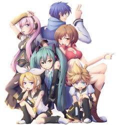 Rule 34 | 2boys, 4girls, arm support, arm up, blonde hair, blue eyes, blue hair, blue scarf, boots, breasts, brown eyes, brown hair, choker, cleavage, detached sleeves, green eyes, green hair, hair ornament, hair ribbon, hairclip, hatsune miku, head rest, headphones, highres, imo bouya, kagamine len, kagamine rin, kaito (vocaloid), knee boots, long hair, megurine luka, meiko (vocaloid), midriff, multiple boys, multiple girls, necktie, open mouth, pink hair, ribbon, sailor collar, scarf, shorts, sitting, thighhighs, twintails, very long hair, vocaloid, white background