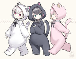 Rule 34 | 3girls, :d, :o, ^ ^, animal costume, animal ears, animal hood, black hair, brown background, capriccio, cat costume, cat ears, cat hood, cat tail, closed eyes, commentary request, dated, fake animal ears, fake tail, fang, green eyes, hair between eyes, hood, hood up, kaburi chiko, kapu rinko, long sleeves, multiple girls, ochi ripca, open mouth, original, parted lips, pink hair, profile, puffy long sleeves, puffy sleeves, red eyes, signature, sleeves past wrists, smile, tail, tail raised, white hair