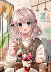 Rule 34 | 1girl, black bow, blouse, blue eyes, blush, bow, braid, brown sweater, cafe, crown braid, cup, dessert, drinking glass, drinking straw, earrings, feeding, food, fruit, hair bow, hair ornament, hand on table, highres, holding, holding spoon, indoors, jewelry, long sleeves, looking at viewer, medium hair, napkin, open mouth, original, parfait, plate, pov dating, restaurant, rino cnc, shirt, silver hair, solo, spoon, strawberry, sweater, wavy hair, whipped cream, white shirt