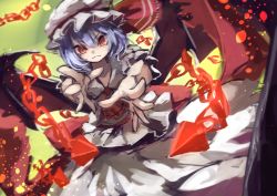 Rule 34 | &gt;:(, 1girl, ascot, bat wings, berabou, blue hair, brooch, chain, fangs, foreshortening, frown, hat, hat ribbon, jewelry, looking at viewer, mob cap, puffy short sleeves, puffy sleeves, reaching, reaching towards viewer, red eyes, red ribbon, remilia scarlet, ribbon, short hair, short sleeves, slit pupils, solo, touhou, v-shaped eyebrows, wings