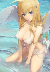 Rule 34 | 1girl, absurdres, bikini, blonde hair, blue eyes, breasts, cleavage, full body, hair ornament, hairclip, halo, highres, large breasts, long hair, looking at viewer, open mouth, original, sapota clone, seiza, sitting, solo, swimsuit, wading, white bikini, white wings, wings