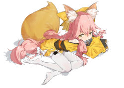 Rule 34 | 1girl, absurdres, animal ear fluff, animal ears, bow, commentary, eyebrows hidden by hair, fate/samurai remnant, fate (series), fox ears, fox girl, fox tail, hair between eyes, hair bow, half-closed eyes, highres, japanese clothes, kimono, long hair, long sleeves, looking at viewer, lying, no shoes, on floor, pantyhose, pink hair, raywallin, seductive smile, sidelocks, smile, solo, tail, tamamo (fate), tamamo aria (fate), thick eyebrows, very long hair, white background, white pantyhose, yellow bow, yellow eyes, yellow kimono