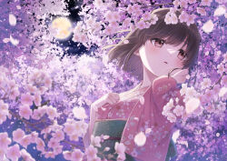 Rule 34 | 1girl, brown hair, cherry blossoms, flower, full moon, hand on own cheek, hand on own chest, hand on own face, head tilt, ibuki ena, japanese clothes, kimono, long sleeves, looking to the side, moon, night, original, outdoors, parted lips, short hair, solo, upper body, wide sleeves
