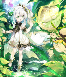 Rule 34 | 1girl, 2others, :d, absurdres, aranara (genshin impact), bracelet, cape, character request, commentary request, detached sleeves, dress, food, forest, fruit, full body, genshin impact, gradient hair, grass, green eyes, hair between eyes, hair ornament, highres, in water, jewelry, long hair, looking at another, multicolored hair, multiple others, nahida (genshin impact), nature, open mouth, plant, pointy ears, sack, short sleeves, side ponytail, sidelocks, smile, standing, stirrup legwear, sunlight, symbol-shaped pupils, toeless legwear, tree, waving, white dress, white hair, zelitto