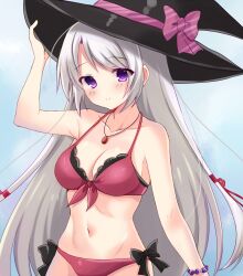 Rule 34 | 1girl, alternate costume, arm at side, arm up, ayachi nene, bikini, black bow, black hat, blue background, blush, bow, bow bikini, bracelet, breasts, cleavage, closed mouth, collarbone, commentary request, cowboy shot, curvy, eyes visible through hair, frilled bikini, frills, grey hair, hair ribbon, hat, hat bow, jewelry, large breasts, long hair, looking at viewer, miyako (mongcocoa), navel, necklace, pink bow, purple eyes, red bikini, red ribbon, ribbon, sanoba witch, simple background, smile, solo, standing, stomach, straight hair, swept bangs, swimsuit, very long hair, witch hat