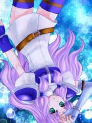 Rule 34 | 1girl, 74, armlet, armor, armored dress, belt, blue background, blue gloves, breastplate, dress, female focus, fingerless gloves, fire emblem, fire emblem: the blazing blade, florina (fire emblem), gloves, green eyes, hair tubes, hand on forehead, light purple hair, long hair, looking at viewer, low twintails, nintendo, parted lips, purple hair, short sleeves, shoulder pads, simple background, solo, teeth, thighhighs, twintails, upside-down, zettai ryouiki