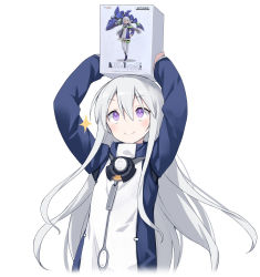 Rule 34 | 1girl, act mode, announcement celebration, box, box on head, commentary, flat chest, goodsmile company, hair between eyes, highres, holding, holding box, long hair, looking up, mio (act mode), non-humanoid robot, official art, poco (asahi age), purple eyes, robot animal, robot fish, simple background, smile, solo, sparkle, type 15, very long hair, white background, white hair